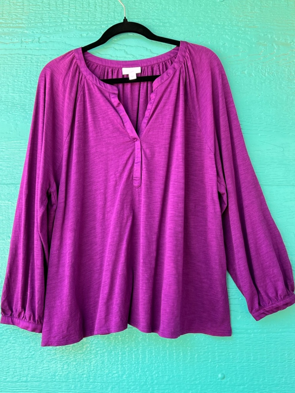 J.Jill Purple Henley Jersey Knit Top 2X Balloon Sleeve V-Neck Cotton Modal